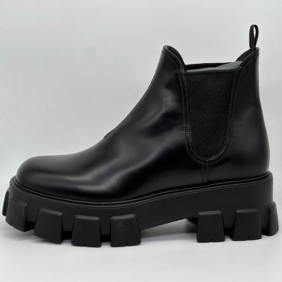PRADA Monolith Brushed Leather Lug Sole Pull On Chelsea Ankle Boots Black - Picture 1 of 15